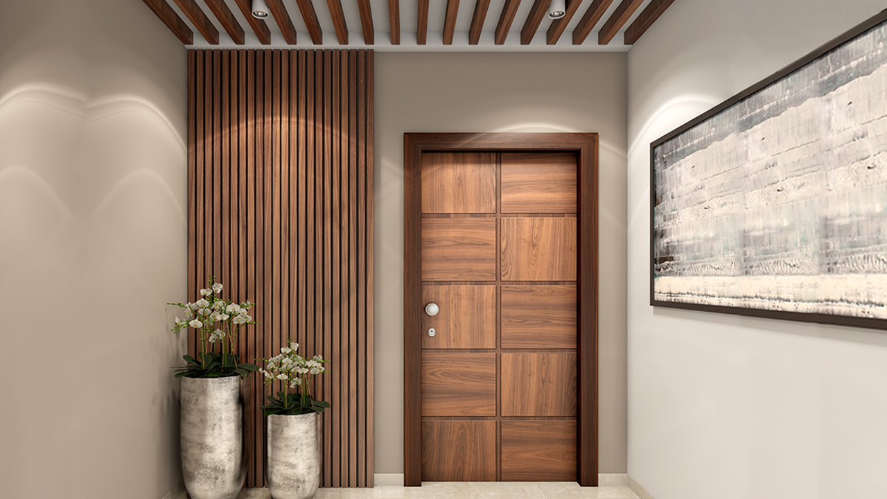 Brown door enhances the beauty of the entryway