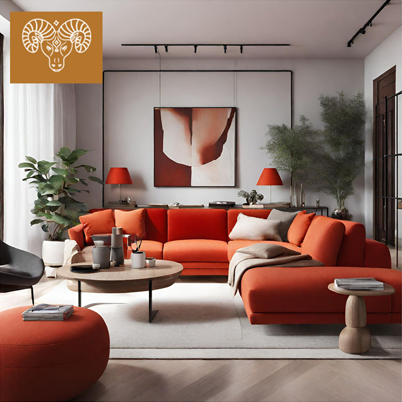 Sectional fabric sofa in vibrant red and orange